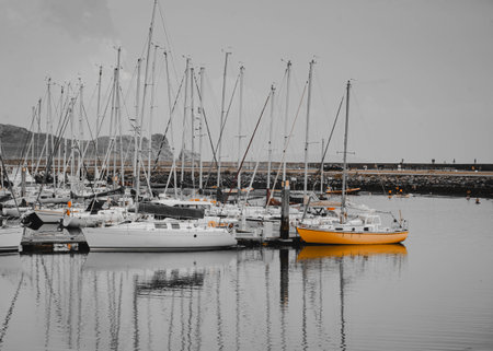 Boats and yachts moored in a marina.のeditorial素材