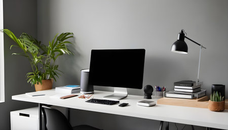 Modern workplace with computer, stationery and plants. 3d renderingの素材