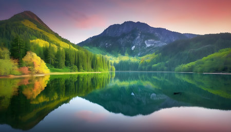 Mountain lake at sunrise. Colorful summer landscape in the mountains.の素材