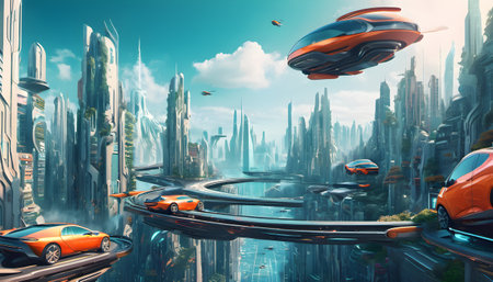 Futuristic city in virtual space. Futuristic city concept.の素材