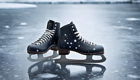 Pair of ice skates on frozen lake. Winter sports concept.の素材