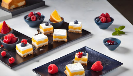 Delicious cakes with fresh berries on white table, close-upの素材