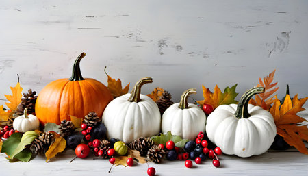 Autumn composition with pumpkins, berries and leaves on white wooden backgroundの素材