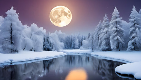 Fantasy winter landscape with frozen lake and snow covered trees at nightの素材