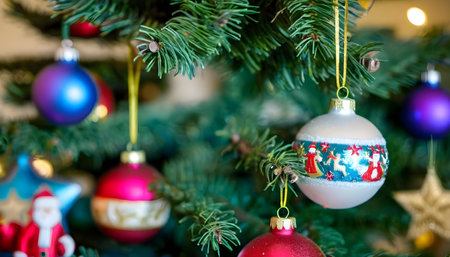 Closeup of a Christmas tree decorated with colorful ornaments.の素材