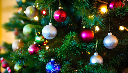 Christmas tree with colorful ornaments and lights on the background.の素材