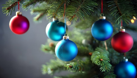 Christmas tree decorated with blue and red baubles on dark backgroundの素材