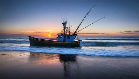 Fishing boat on the beach in the evening. Long exposure shotの素材