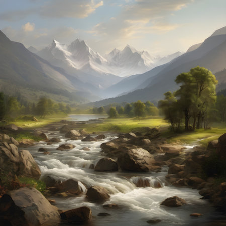 Mountain landscape with a river in the foreground. Digital painting.の素材