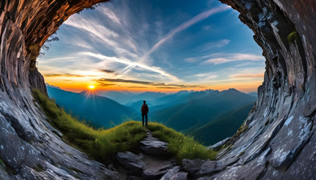 Hiker on the top of the mountain at sunset. Wide angle viewの素材