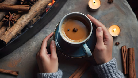 Female hands holding a cup of hot tea with cinnamon and aniseの素材