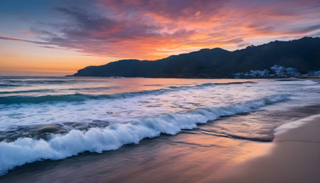 Sunset at the beach in San Sebastian, Galicia, Spainの素材