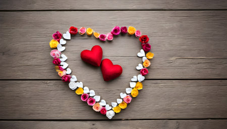 Colorful heart on wooden background, valentine's day conceptの素材