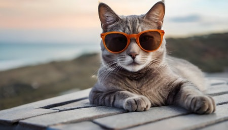 Beautiful cat wearing orange sunglasses sitting on a wooden terrace.の素材