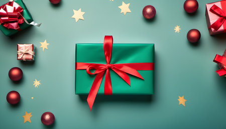 Gift box with red ribbon and christmas ornaments on green backgroundの素材