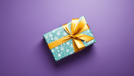 Gift box with yellow bow on purple background, top view.の素材