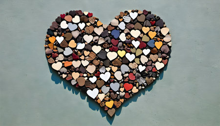 Colorful heart shape on blue wall background. Love and Valentine's day concept.の素材