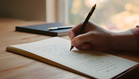 Closeup of female hand writing on notebook with pen on wooden tableの素材