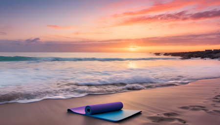 Yoga mat on the beach at sunrise. Concept of healthy lifestyleの素材