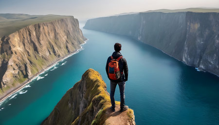 Man with a backpack standing on the edge of a cliff overlooking the oceanの素材