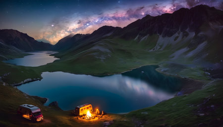 Camping by the lake in the mountains at night. Colorful night landscapeの素材