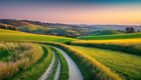 Beautiful sunset in Tuscany, Italy. Panoramic view of rural landscape with roadの素材