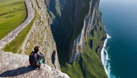 A man sitting on the edge of a cliff and looking at the oceanの素材