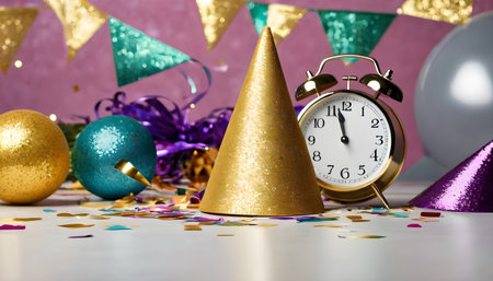 Alarm clock, party hat and confetti on bokeh backgroundの素材