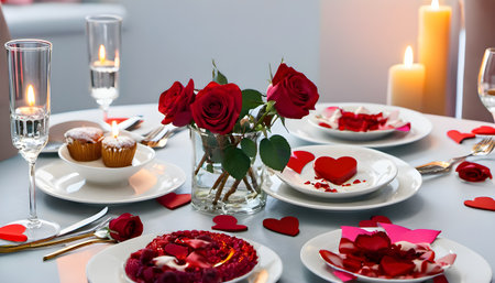 Valentine's day table setting with red rose flowers and candlesの素材