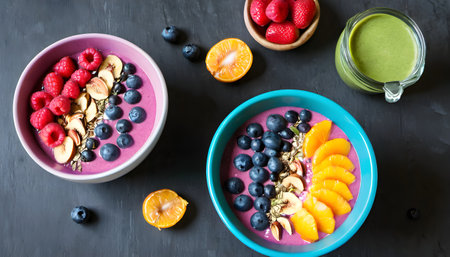 Healthy breakfast bowl with fresh berries, smoothie bowl, top viewの素材