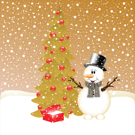Smiling snowman near fir tree and giftsの写真素材