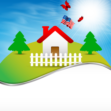 House on the hill with the American flagのイラスト素材
