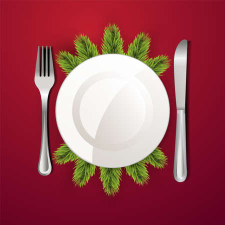 White plate with cutlery on red backgroundのイラスト素材