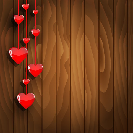 Red hearts hanging on a wooden backgroundのイラスト素材