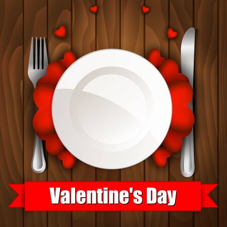 Valentine's day dinner with table setting on wooden tableのイラスト素材