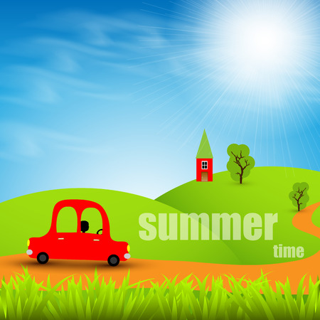 Cartoon car on a background summer landscapeのイラスト素材