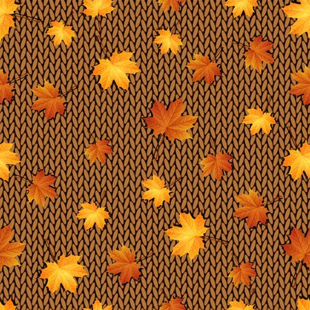 Seamless pattern. Autumn maple leaves on the knitted backgroundのイラスト素材