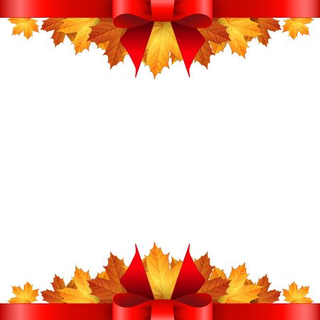 Border of autumn maples leaves decorated with a red bow.のイラスト素材