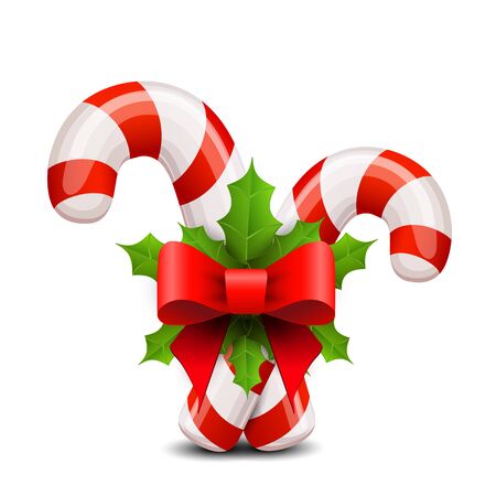 Christmas candy cane decorated with a bow and holly. Vector.のイラスト素材