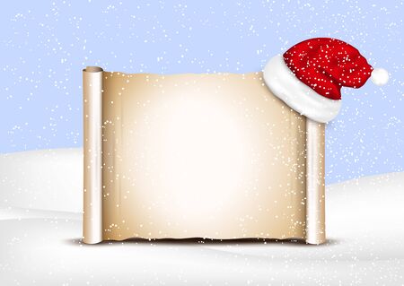 Blank paper with Santa Hat on a winter christmas background. Vector illustration.のイラスト素材