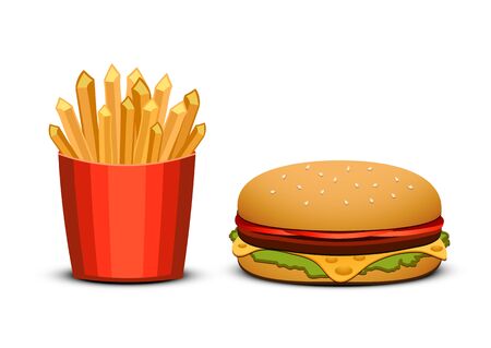 French fries and burger on white background. Fast food. Vector illustration.のイラスト素材