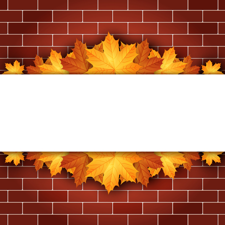 Autumn background with maple leaves on brick wall backgroundのイラスト素材