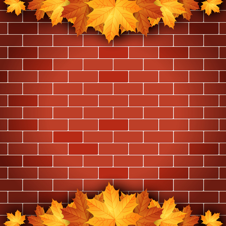 Autumn background with maple leaves on brick wall background.のイラスト素材