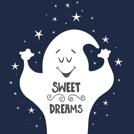 illustration with cartoon ghost and hand drawn lettering.のイラスト素材