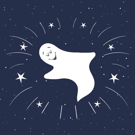 Funny ghost flying in the night sky. Halloween card. Hand Drawn design element.のイラスト素材