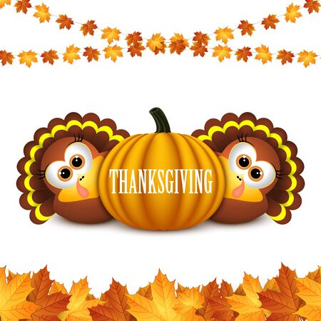 Card for Thanksgiving Day. Thanksgiving celebration design with Turkey and Autumn Leaves.のイラスト素材