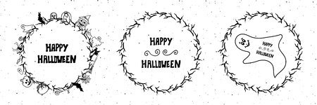 Set of happy halloween vintage badges, emblems and labels. Halloween card templates. Hand Drawn elements for your design.のイラスト素材