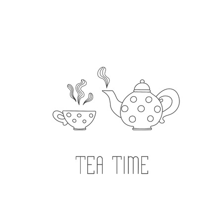 Polka dots tea pot and cup with tea on white background. Tea time greeting card or invitation template for your design. Vector illustration of hand drawn sketch.のイラスト素材
