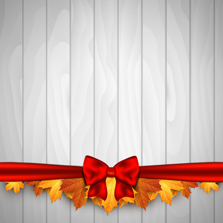 Holiday banner on wooden wall with autumn leaves and red bow. Autumn background.のイラスト素材