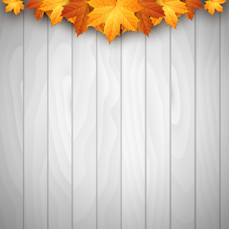 Wooden background with autumn leaves. Place for your text. Vector illustration.のイラスト素材